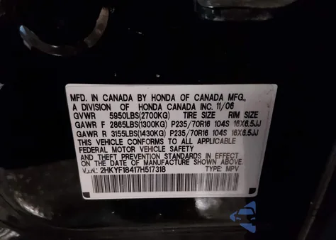 2007 Honda Pilot Ex from USA, damaged, VIN 2HKYF18417H517318